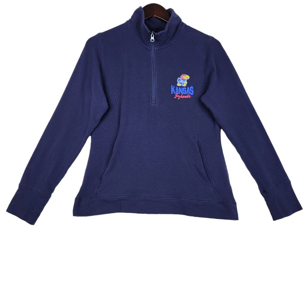 Champion Sweater Womens Medium Dark Blue 1/2 Zip Kansas Jayhawks Long Sleeve‎